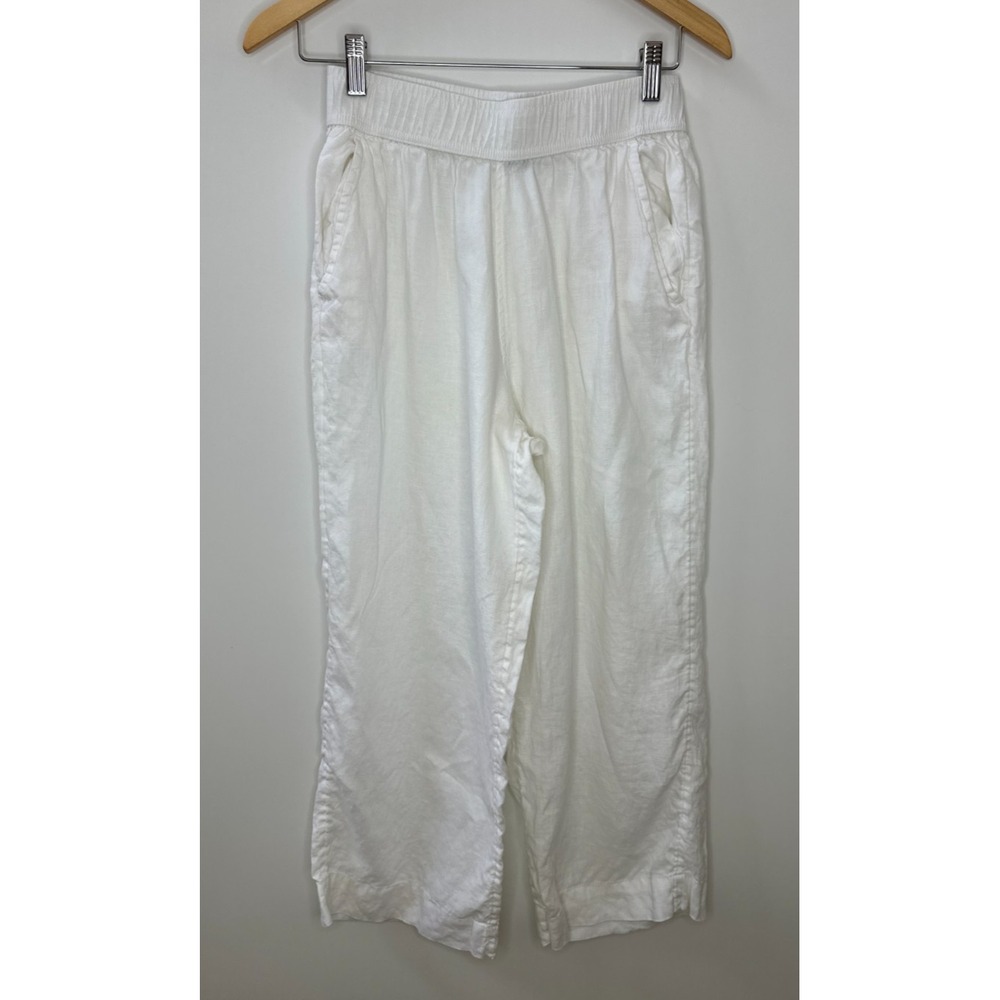 Tahari 100% Linen Wide Leg Crop Ankle Pants Elastic Waist Pockets White Small - Picture 12 of 12